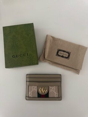 Gucci Beige GG Canvas Card Case with Green and Red Web and Gold GG